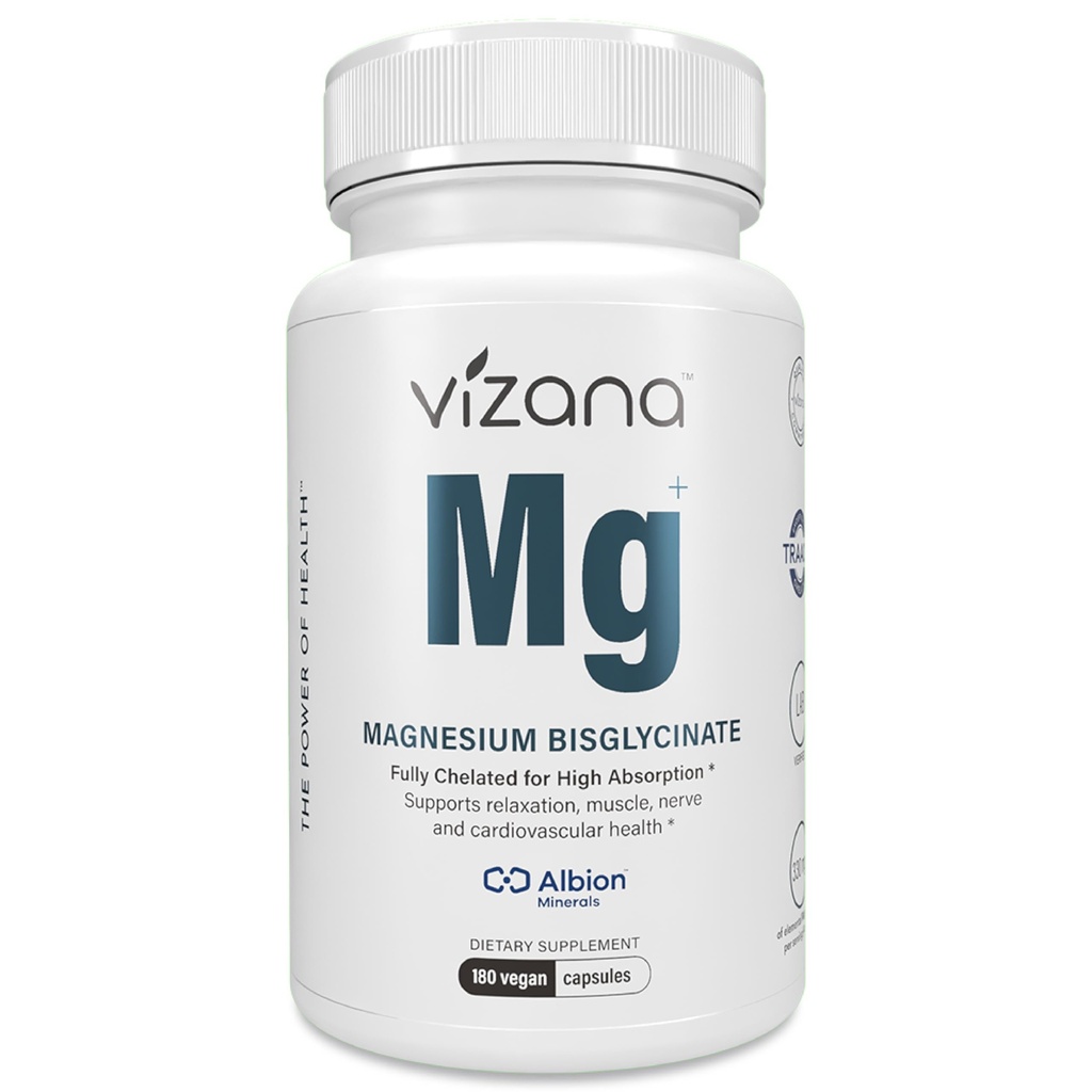 VIZANA Magnesium Bisglycinate – 100% Pure Albion® TRAACS® Chelate – 330mg Elemental Magnesium – 180 Vegan Capsules