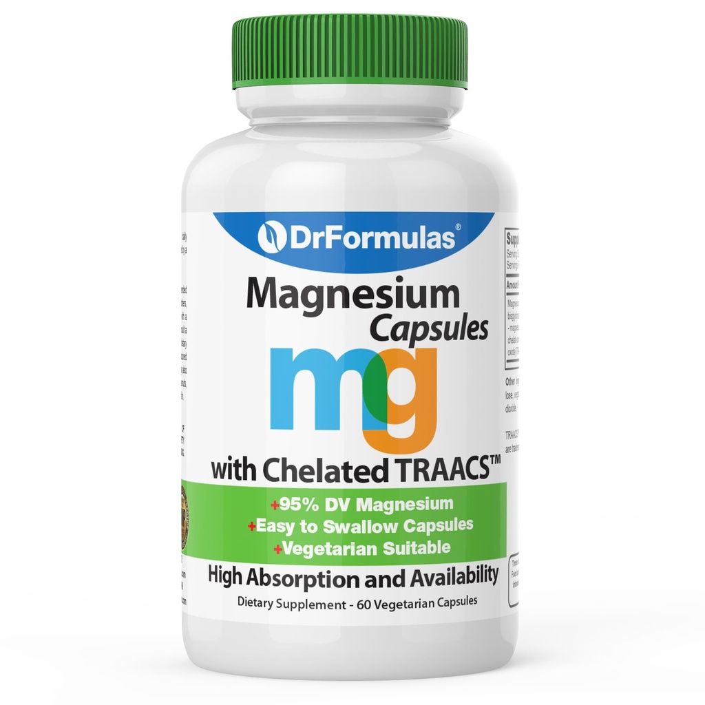 DrFormulas Magnesium Glycinate 400 mg Supplement for Women, Men, Kids Supplement with Chelated TRAACS Magnesium Bisglycinate 100% Chelated Capsules for Max Absorption, 60 Capsules