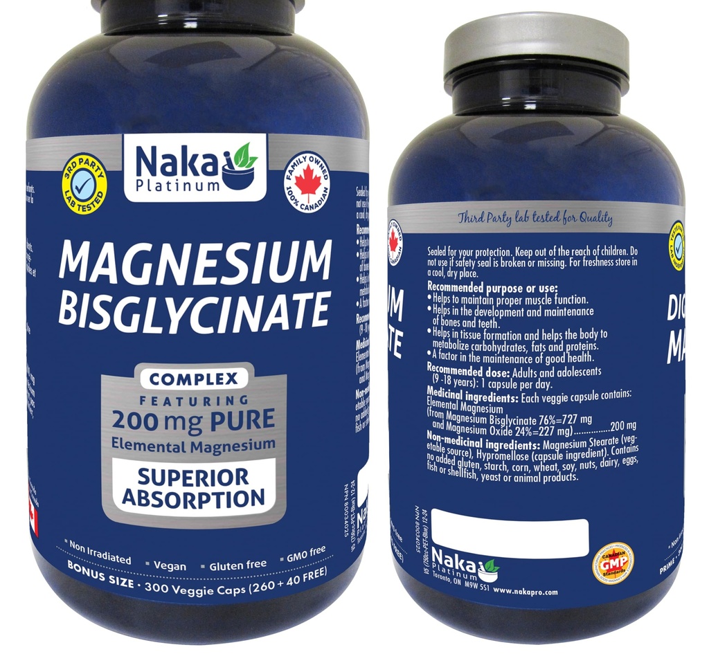 Naka Platinum Magnesium Bisglycinate, Superior Absorption, 200 Mg Pure Elemental Magnesium 300 count