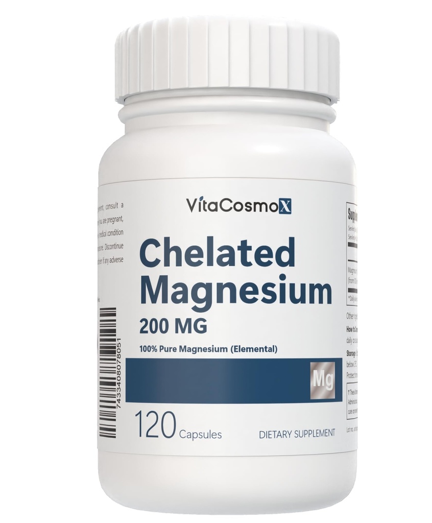 Chelated Magnesium Bisglycinate, 200mg, 120 Vegan Capsules, 60 Servings, Gluten Free, Non-GMO, and Vegetarian Friendly