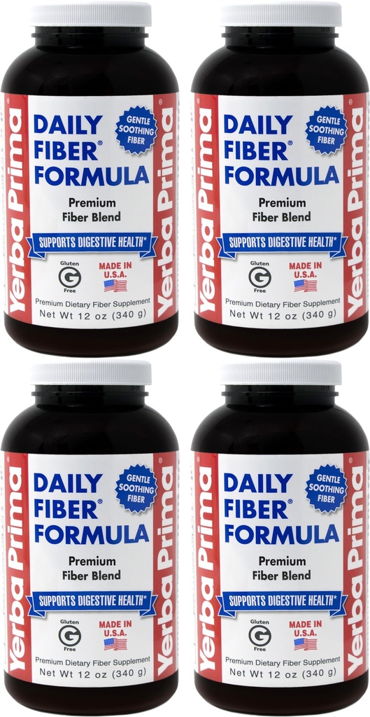 Yerba Prima Daily Fiber Formula Powder - 12 oz (Pack of 4) - Soluble & Insoluble Dietary Fiber Supplement - Gut Health - Vegan, Non-GMO, Gluten-Free