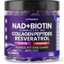 NAD +, Resveratrol, Berberine, & Biotin Anti- Aging Gummy - Hår, Hud, Nails & Fælles tillæg - Collagen Peptider, Keratin, Zink, Vitamin K2 & D3 Gummies - Regeneration- Non-GMO - Made in USA 60 Count