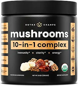 NutraChamps Organic Mushroom Powder - 10- in-1 Complex - Mushroom Supplement Powder Blend for Memory, Focus & immunsupport - 8oz (8.0 OZ, Mushroom Blend)
