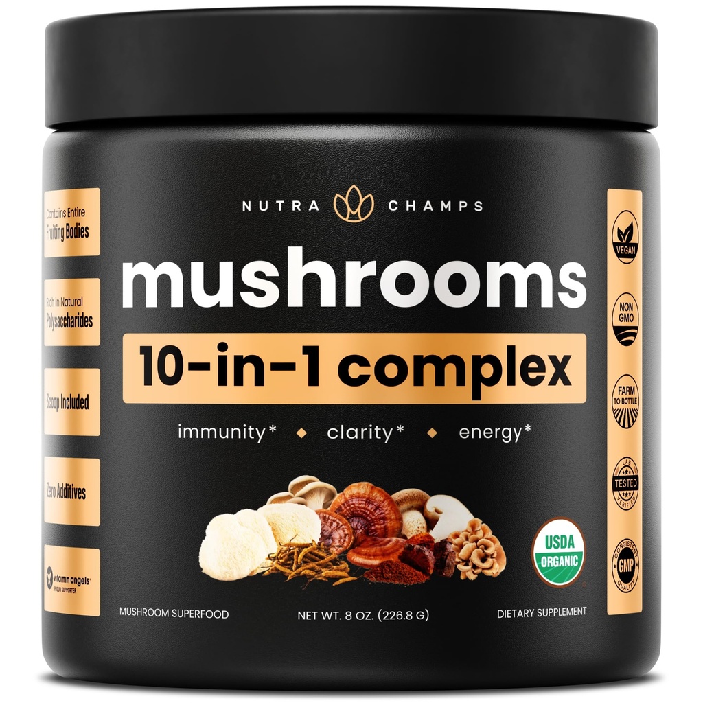 NutraChamps Organic Mushroom Powder - 10- in-1 Complex - Mushroom Supplement Powder Blend for Memory, Focus & immunsupport - 8oz (8.0 OZ, Mushroom Blend)