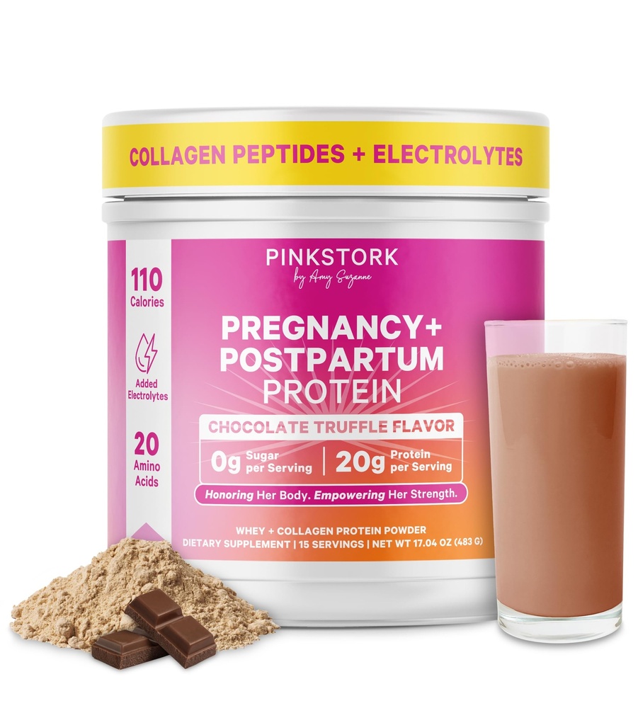 Pink Stork Graviditet & Postpartum Protein Powder for Kvinder, 20g Whey & Collagen, Prenatal & Amning Protein Shake Mix for Energy, Recovery & Hydration, Chokolade, 15 Servering