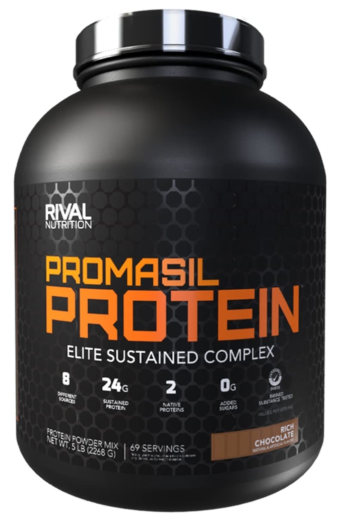 Rival Nutrition Promasil Protein Powder Rich Chocalate I 5 Lb, 69 Servings I 8 Different Sources Including Whey Isolate, Native Micellar Casein, and Egg White I 24g Sustained Protein Per Serving