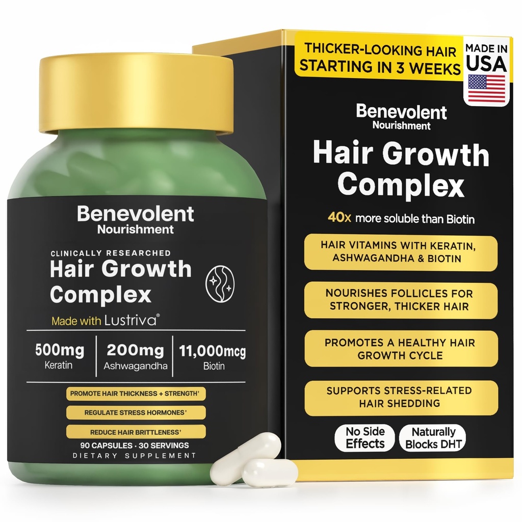 Benevolent Lustriva Hair Growth Supplement – Advanced Hair Vitamins with Keratin & Biotin for Thicker-Looking, Stronger Strands, Support for Stress-Related Thinning in Women & Men, USA-Made, 90 ct