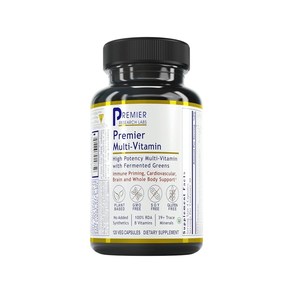 Premier Research Labs Multi- Vitamin - Immunitet, hjerne & Heart Support; 124; med Prebiotika og Postbiotika • 124; Veganske kapsler til mænd og kvinder. Gluten & Soy Free - 120 Plant- Sourced Kapsler