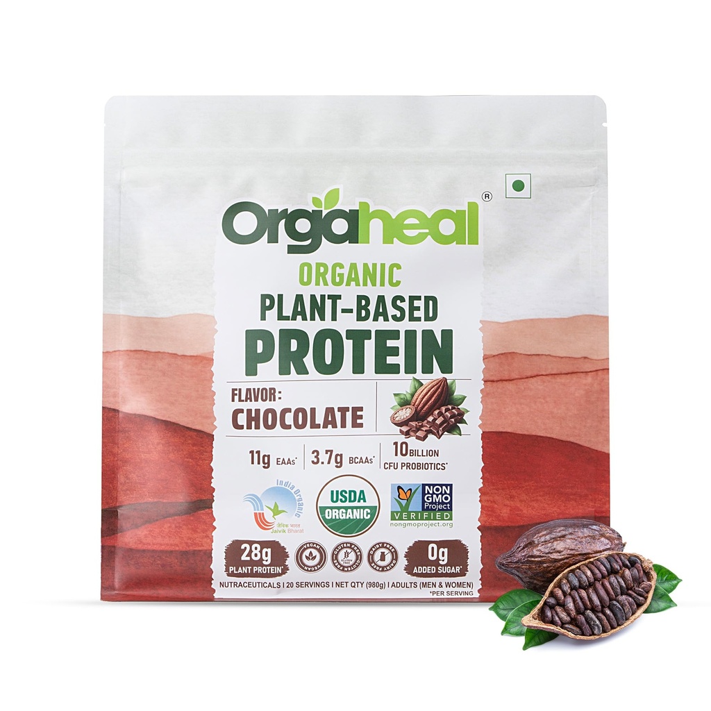 Organic Plant Based Protein Powder | Chocolate Flavor | 28g Plant Protein, 3.7g BCAAs & 11g EAAs | Pea, Mung Bean & Lentil Protein Blend | Vegan, Gluten Free, No Added Sugar | 34.5 Oz