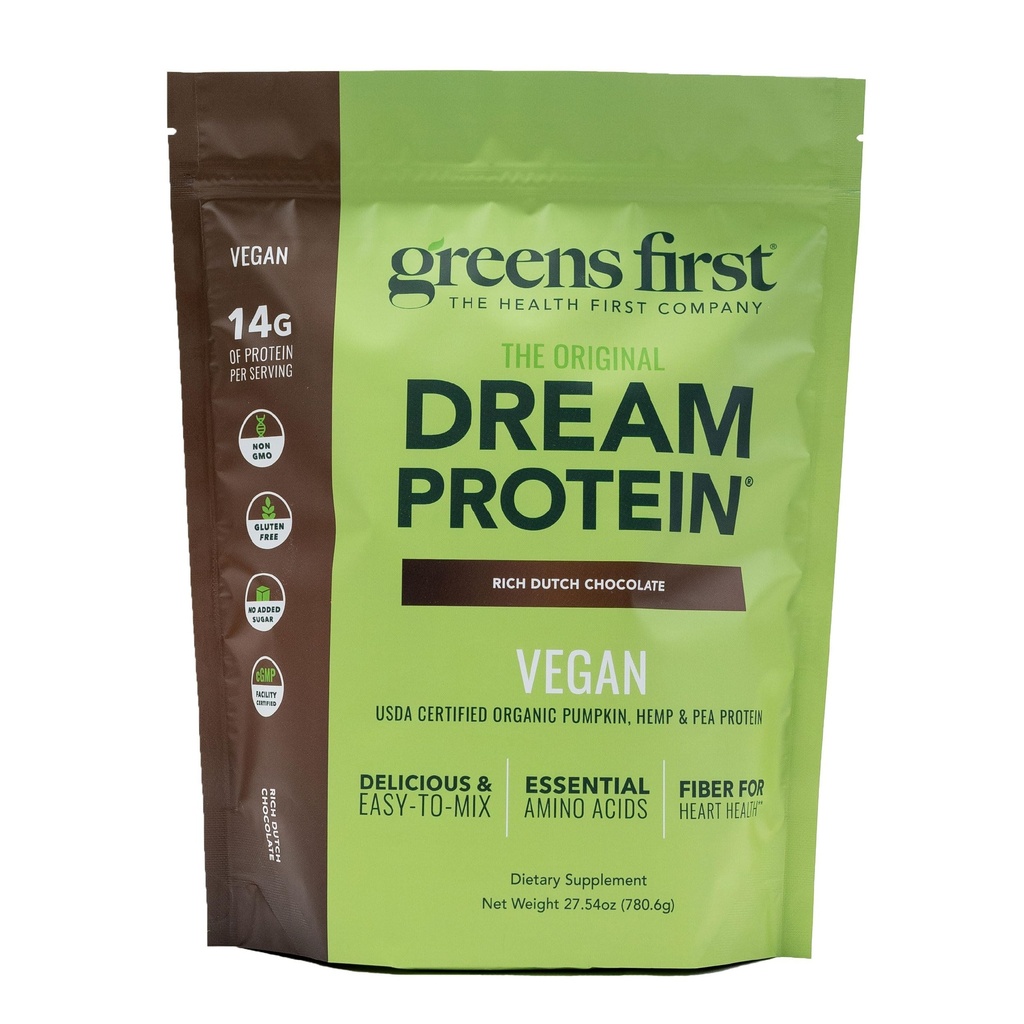 Greens First Dream Protein Plant-Based Vegan Powder - USDA Organic Pumpkin, Hemp & Pea Protein - Gluten-Free, Non-GMO, No Added Sugar - Rich Dutch Chocolate - 27.54 oz