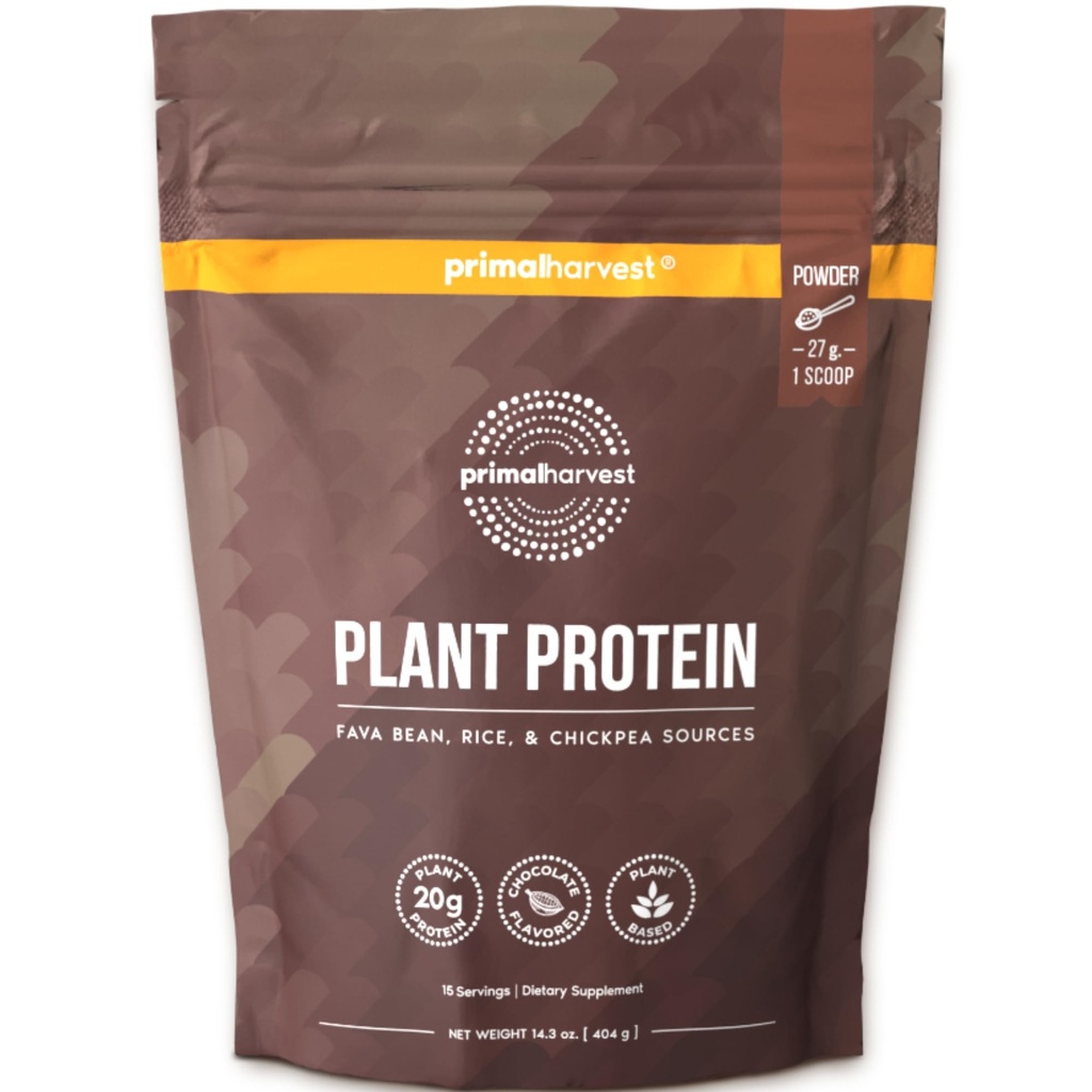 Primal Harvest Vegan Protein Powder for Nutritional Weight Support 20g Plant-Based Protein Per Serving from Fava Beans Chickpeas & Rice Chocolate Flavor 405g Gluten-Free Soy-Free No Added Sugar