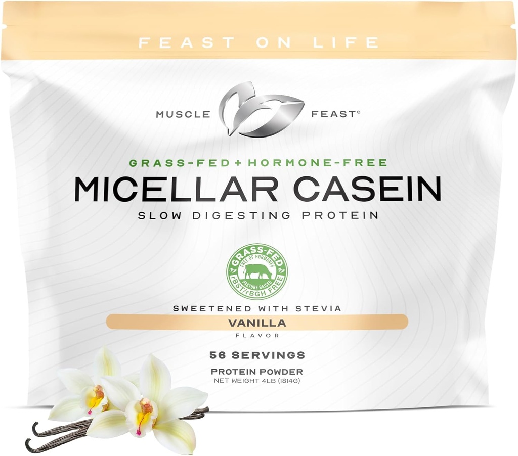 Muskel Feast Græs Fed Micellar Casein Protein Powder, Pasture Raised & Hormone Free, Slow Digesting Casein Protein - Understøtter Overnight Muscle Recovery, Gluten Free Protein Powder - Vanilla, 4lb