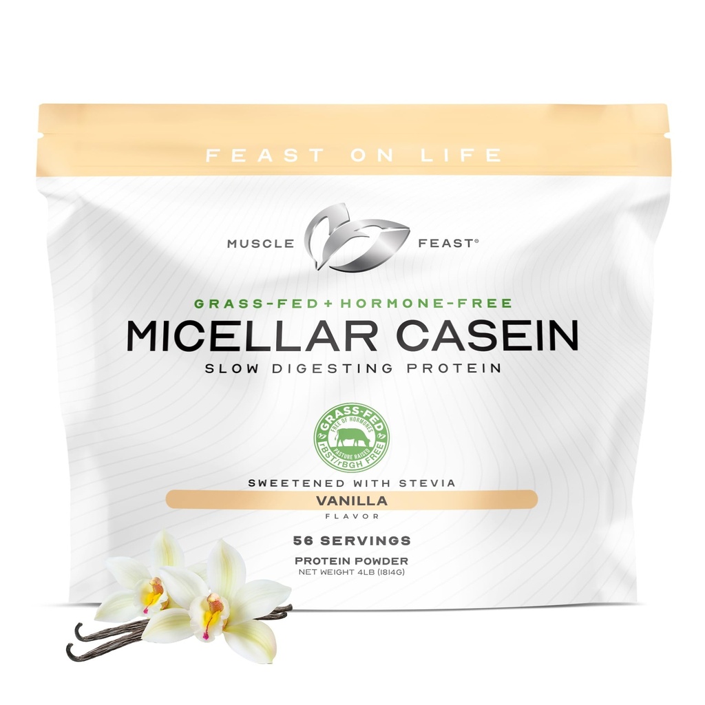 Muskel Feast Græs Fed Micellar Casein Protein Powder, Pasture Raised & Hormone Free, Slow Digesting Casein Protein - Understøtter Overnight Muscle Recovery, Gluten Free Protein Powder - Vanilla, 4lb