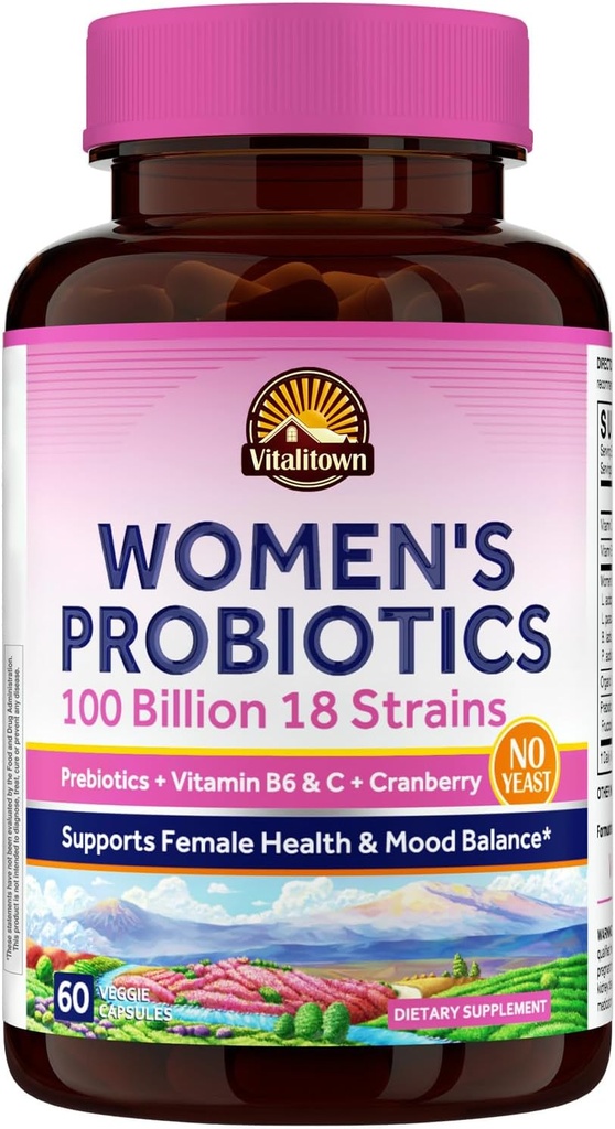 Vitalitown Women 's Probiotics against 124; 100 Millioner CFU' er 18 Stammer og / eller 124; Prebiotics, VC & B6, Cranberry against 124; Hylde Stainable against 124; Vaginal, Urinal, fordøjelig & Mood Support