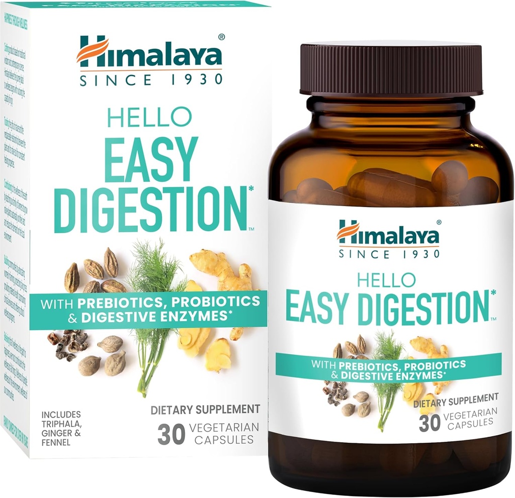 Himalaya Hej Easy fordøjelse, fordøjelsesenzymer med 2 Millioner CFU Probiotika og Prebiotika, Plus 100 mg Herbal fordøjelsesstøtte med Ingefær, Fennel & Triphala, 30 Vegetariske kapsler