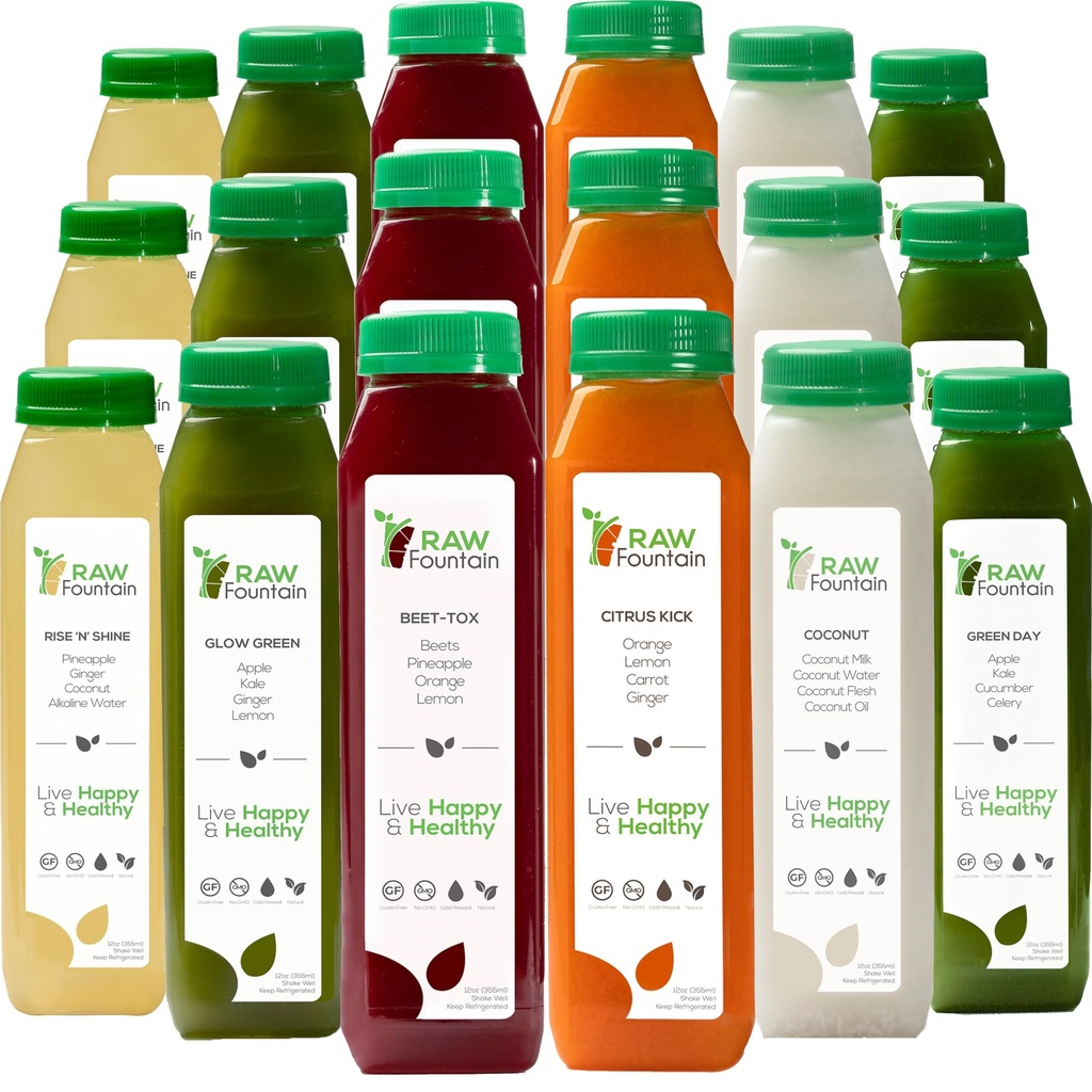 5 dages Juice rense af Raw Fountain, All Natural Raw Detox rense, Juicing for Body Rest, Cold Pressed Juice Fast, Great Way to Jumpstart a Healthier, Diet 30 Flasker 12oz, 5 Ginger Shots