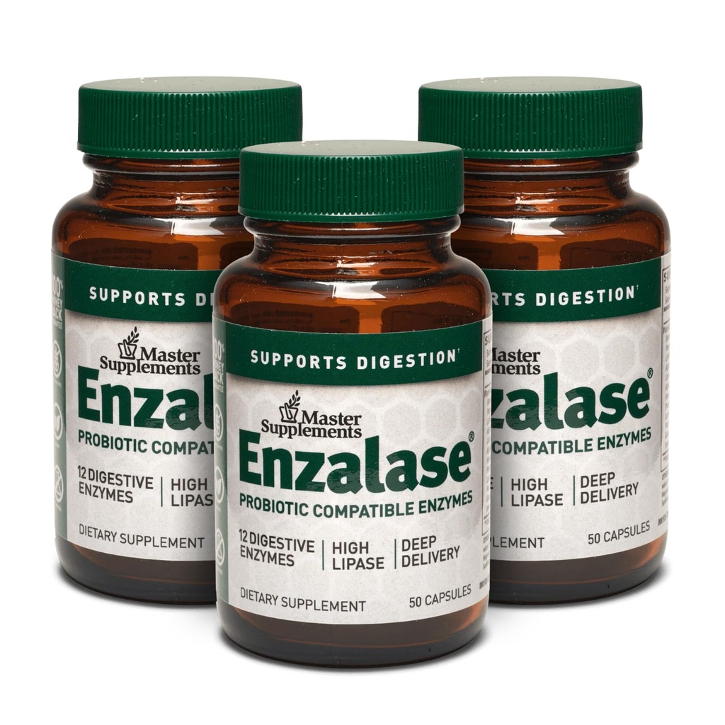 Master Supplements Enzalase - 50 Capsules, Pack of 3 - Probiotic Compatible Enzymes - Provides Digestive Boost + Gas & Bloating Relief - Gluten Free - 150 Total Servings