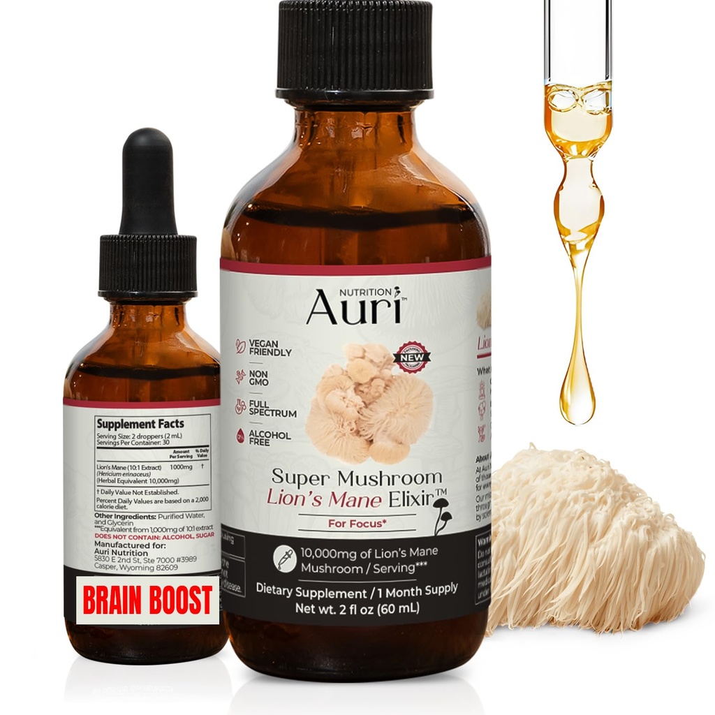 Auri Lions Mane Liquid Elixir - Hjernetillæg til hukommelse og fokus med funktionelle svampe - Lions Mane Supplement - Fuld Spectrum Lions Mane Extract - Ingen GMO, Vegansk Mushroom Tincture