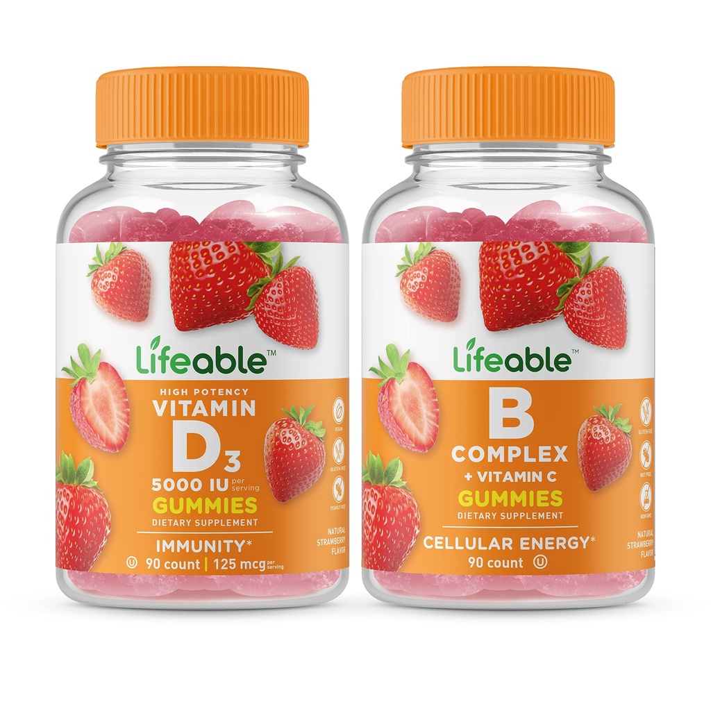 Lifeable D 5000 IE + B Complex, Gummies Bundle - Great Tasting, Vitamin supplement, Gluten Free, GMO fri, Chewable Gummy