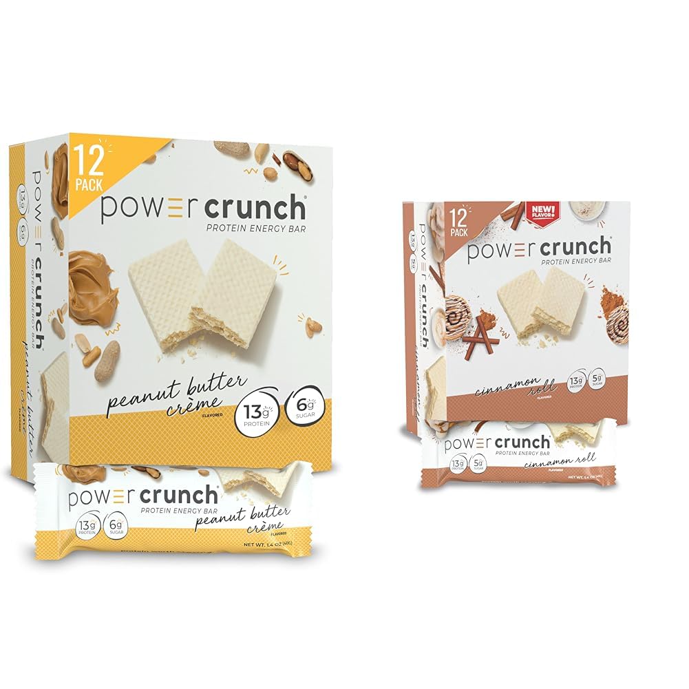 Power Crunch Protein Wafer Bars High Protein Snacks Delicious Taste Peanut Butter Crème 1.4 Ounce (12 Count) & Cinnamon Roll 1.4 Ounce (12 Count)