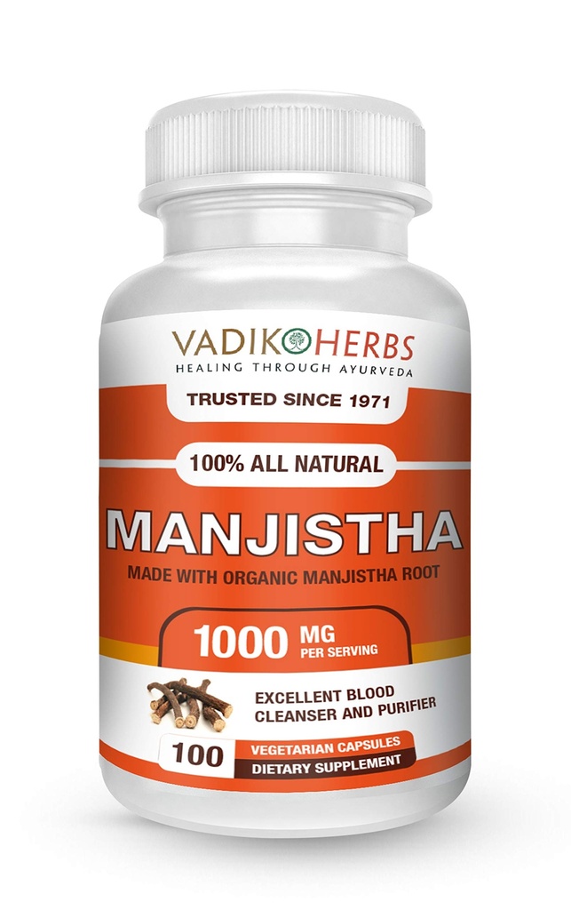 Vadik Herbs Pure Wild harvested Manjistha (Rubia cordifolia, Indian Madder) - 100 vegicaps - Made in USA - Safety Tested - No GMO, Vegan