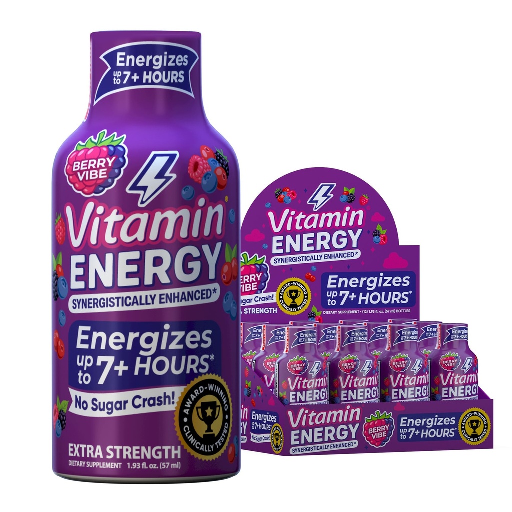 Vitamin Energy Mood + Extra Strength Energy Shot Tropical Berry 12 Pack, 260mg Natural Coffein, B- Vitaminer, Rhodiola, Kamille, Mood & Energy Support, Zero Sugar, Gluten- Free, Vegan, 1,93 fl oz