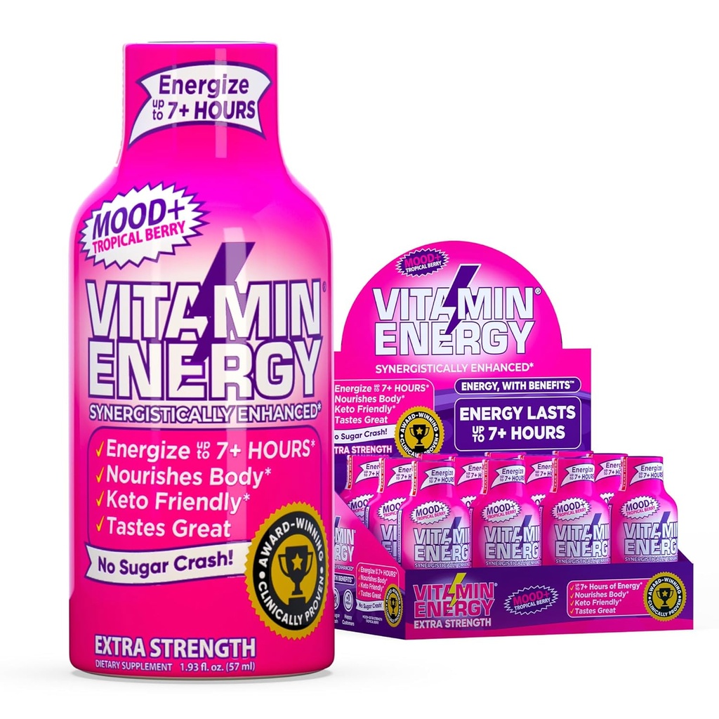 Vitamin Energy Mood + Extra Strength Energy Shot Tropical Berry 12 Pack, 260mg Natural Coffein, B- Vitaminer, Rhodiola, Kamille, Mood & Energy Support, Zero Sugar, Gluten- Free, Vegan, 1,93 fl oz