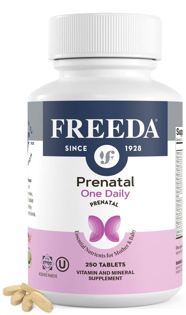FREEDA Prenatal Vitamin - Kosher Prenatals - Prenatal Vitamin med jern, Prenatal Folinsyre, Cholin, D-vitamin - En daglig Pre Natal Multivitamin Support til Gravid & Lactating Kvinder (250)