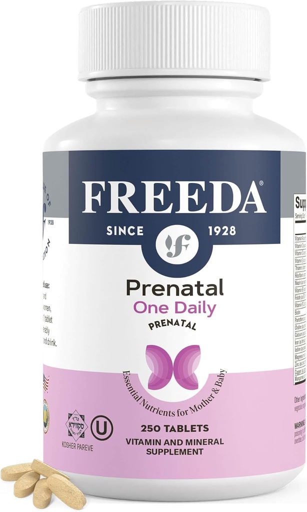 FREEDA Prenatal Vitamin - Kosher Prenatals - Prenatal Vitamin med jern, Prenatal Folinsyre, Cholin, D-vitamin - En daglig Pre Natal Multivitamin Support til Gravid & Lactating Kvinder (250)