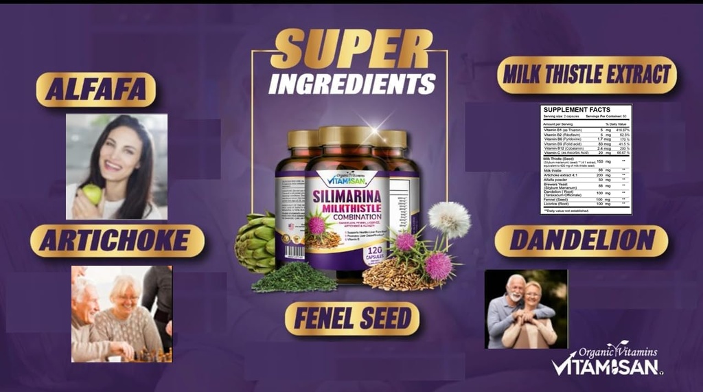 VITAMISAN Milk Thistle silimarina with Dandelion, Fennel. Licorice, Artichoke Alfalfa Detox & Cleansing Formula Support Liver 120 Capsules