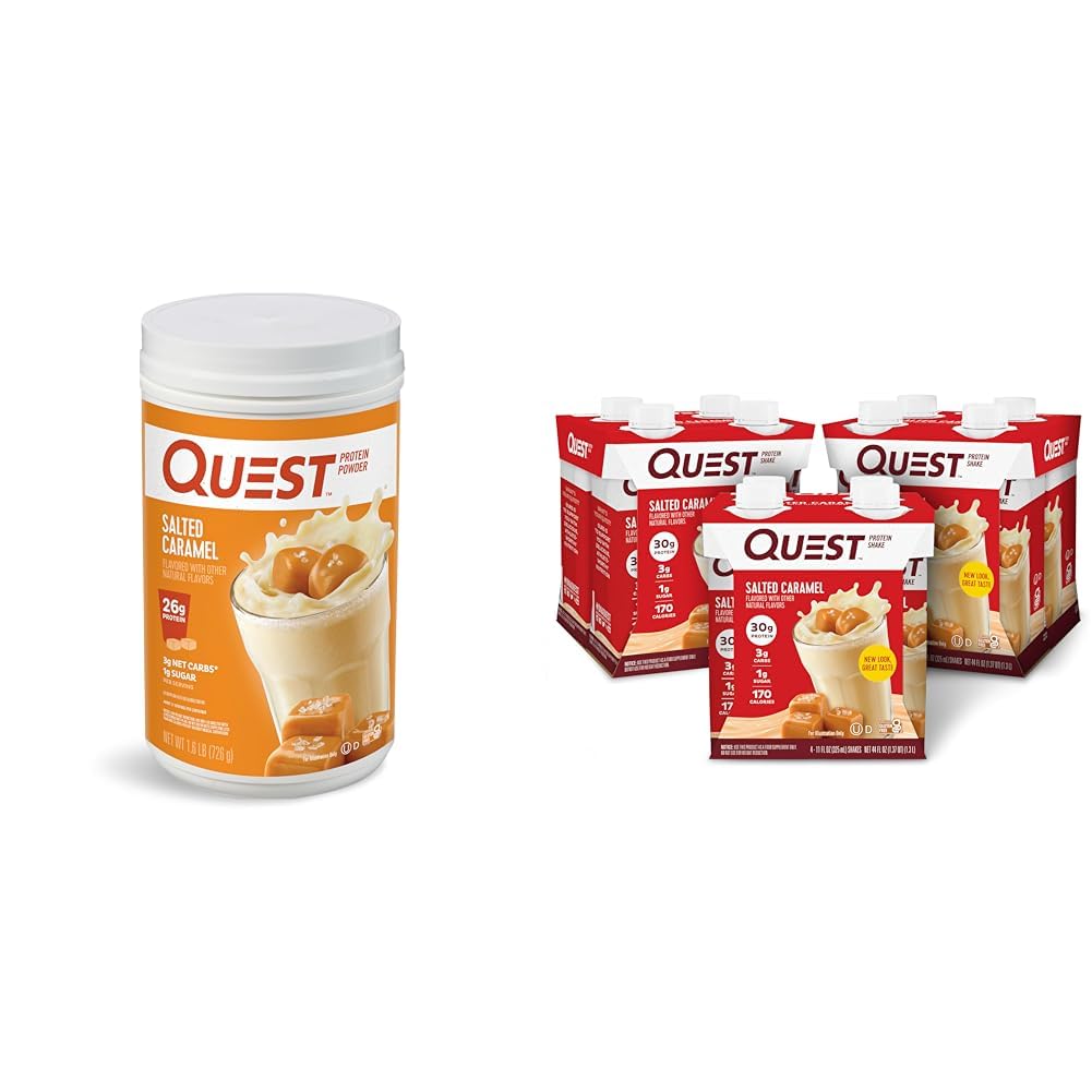 Quest Nutrition Salted Caramel Protein Powder; 26g Protein; 1g Sugar; Low Carb; Gluten Free & Ready to Drink Salted Caramel Protein Shake, High Protein, Low Carb, Gluten Free
