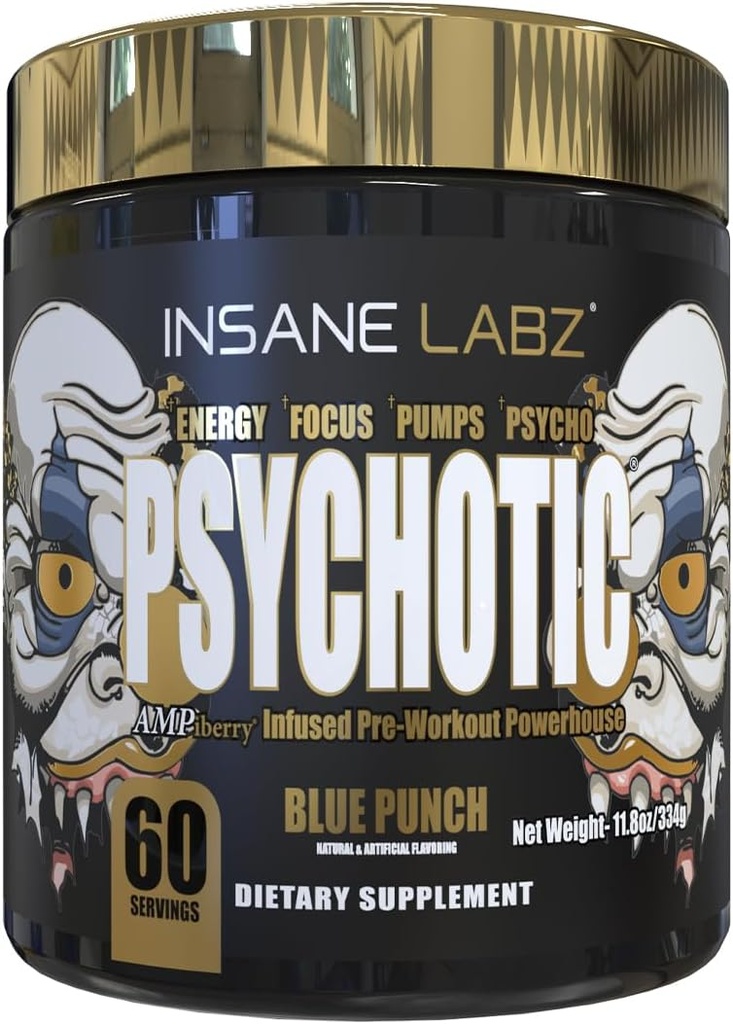 Insane Labz Psykotisk Guld, High Stimulant Pre Workout Powder, Extreme Lasting Energy Focus, Pumper og Endurance med Beta Alanine, DMAE Bitartrate, NO Booster (60 Servere, Blå Punch)
