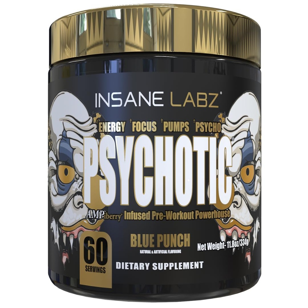 Insane Labz Psykotisk Guld, High Stimulant Pre Workout Powder, Extreme Lasting Energy Focus, Pumper og Endurance med Beta Alanine, DMAE Bitartrate, NO Booster (60 Servere, Blå Punch)