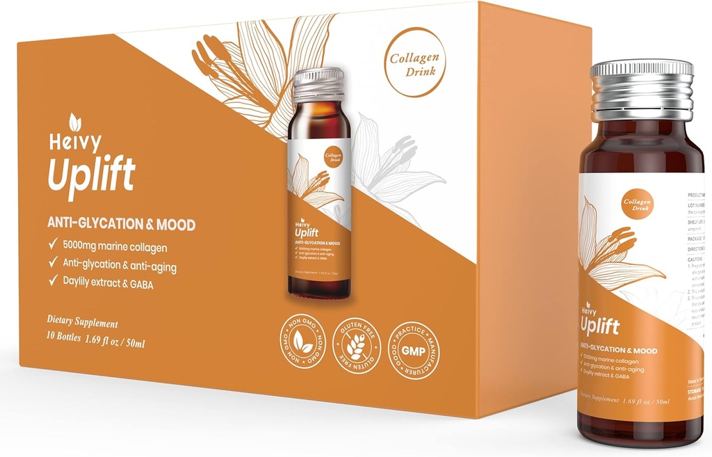 Heyvy flydende kollagen supplement, Collagen drik, Collagen peptider, Age- Defying og Brighten op din dag, Againless Beauty, Hydrolyzed Collagen, med CoQ10, 1.69 fl.oz. / Flaske (1 Box, 10 Flasker)