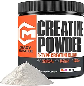 Crazy Muscle Creatin monohydrat pulver, 5000mg Premium 3X ThreeAtine Pre Workout Mass Gainer, Høj Absorption Let at tage pulver Optimum Performance for mænd og kvinder, 30 Servering