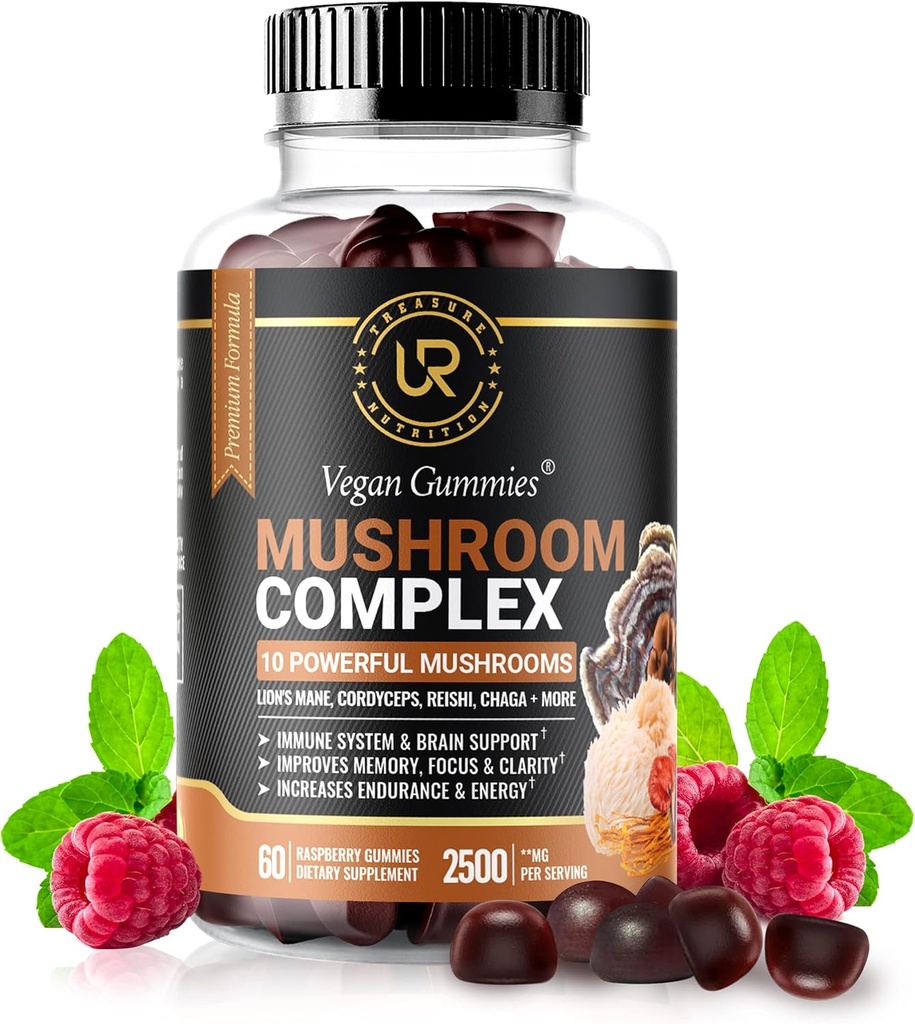 Mushroom Gummey 124; 10 Mushroom Supplement - 2500mg - Tyrkiet Hale, Chaga, Reishi, Cordyceps & Lions Mane Organic Mushroom Ekstrakter, Nootrop Brain Booster For Fokus, Memory, Clarity, Energy