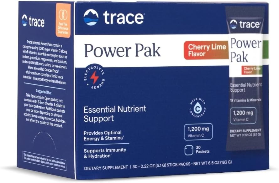 Trace Minerals Power Pak - Multivitamin pakker til essentiel ernæringsstøtte - Hydration, Immunitet & energi - Naturlige vitaminer og mineraler - Cherry Lime - 30 Greve (30 Servere)