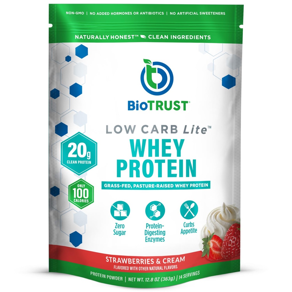 BioTrust Low Carb Lite, 20 Bedste Grass- Fed Whey Protein Isolate, 100 kalorier, ProHydrolase fordøjelsesenzymer, Non- GMO, Gratis fra Soy og Gluten, rBGH-Free (14 Servere) (Jordbær og fløde)