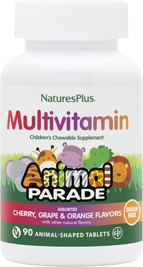 Natures Plus Animal Parade Sugar- Free Children 's Multivitamin - Assorted Cherry, Grape & Orange Flavors - 90 tyggetabletter - 45 Total Servering