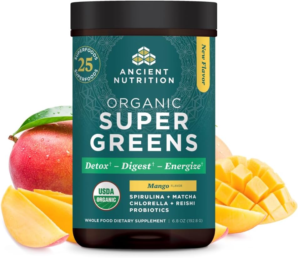 Ancient Nutrition SuperGreens pulver med Probiotika, Organic Mango Flavor Green, Lavet af ægte frugter, grøntsager og urter, fordøjelses- og energistøtte, 25 Servere, 6.8oz