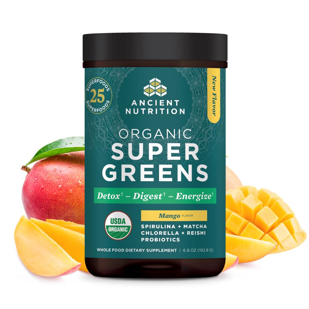 Ancient Nutrition SuperGreens pulver med Probiotika, Organic Mango Flavor Green, Lavet af ægte frugter, grøntsager og urter, fordøjelses- og energistøtte, 25 Servere, 6.8oz
