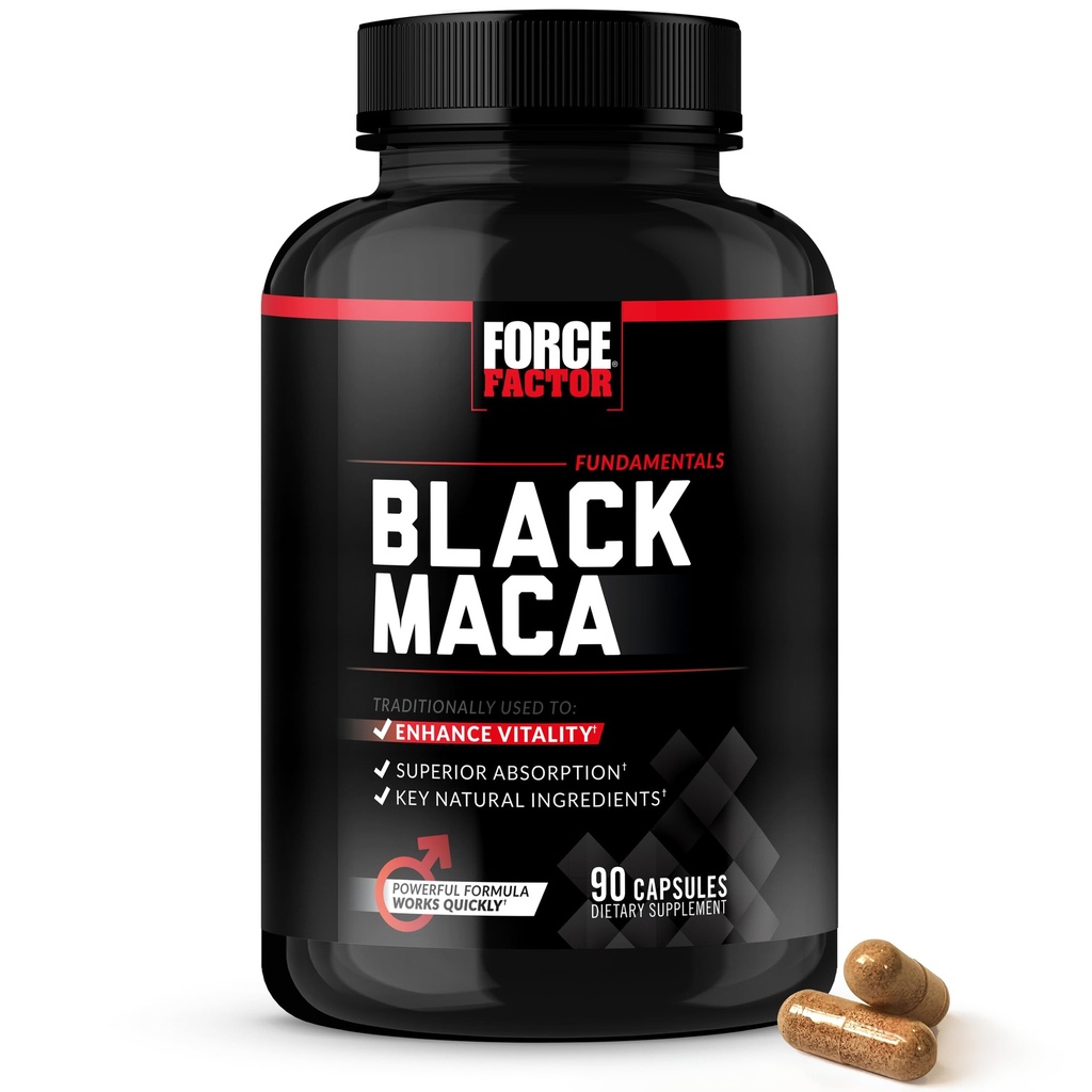 FORCE FACTOR Black Maca Root Supplement for mænd, 1000mg Maca Negra Extract for Energy, Hormonal Balance & Vitality, Superior Absorption med BioPerine, 90 kapsler