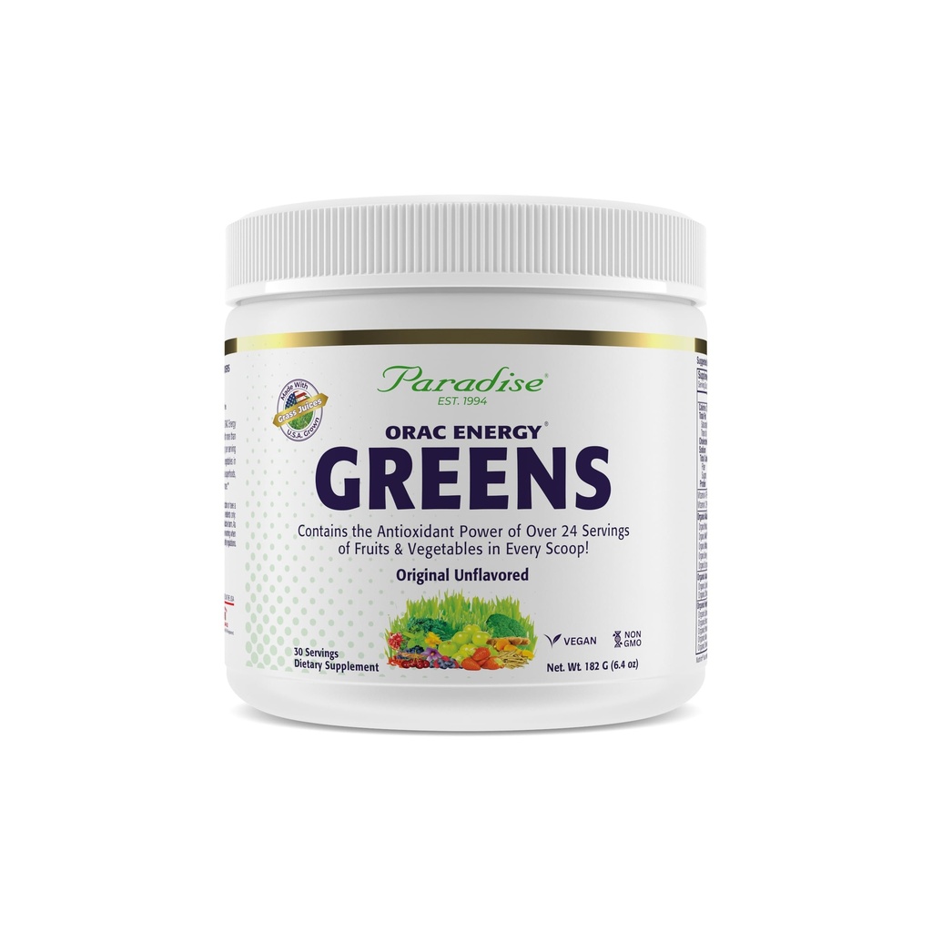 Paradise, ORAC Energy Green Powder Extract, Super Antioxidants, Probiotika til Gut Health & fordøjelse, C-vitamin for immunitet, med Spirulina & Chlorella, Non- GMO, Gluten Free, 30 Servere