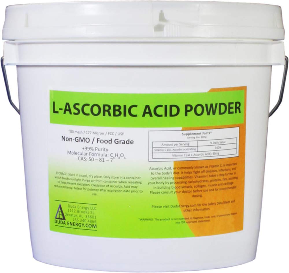 Duda Energy Asc8p Pail of L- Ascorbic Acid Powder 99 +% Food Grade USP36 / BP2012 Naturligt gæret Pure White krystaller form af C-vitamin, 8 LB.
