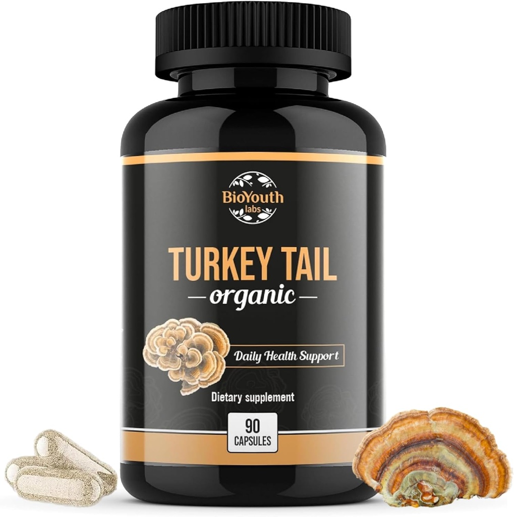 Økologisk Tyrkiet Tail Mushroom Kapsler Fruiting Body Extract 124; GMO & Allergen- Free, Coriolus Versicolor Daglig urter, 90 Kapsler