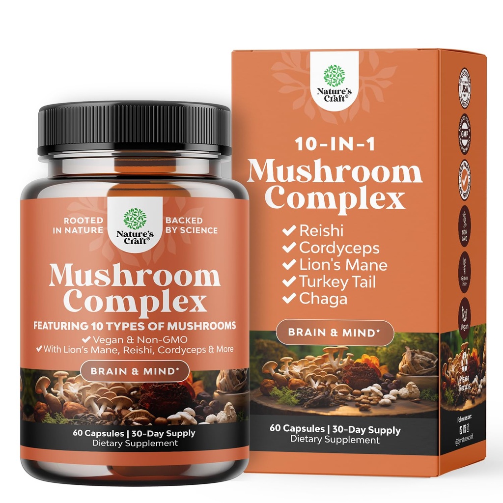 Advanced Mushroom Complex Capsules - 10X Lions Mane Supplement kapsler med Reishi, Chaga, Maitake & Shiitake for Brain Health Memory Support & Focus - Nootrop for Mental Klarhed - 60 Caps