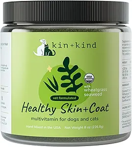 kin + kind Økologisk Multivitamin til hunde og katte - Pet supplement til sund hud og kappe - Sikker, Naturlig Formel med Wheatgrass, Kelp, Tang og kokos - Made in USA - 8 oz (Stor)