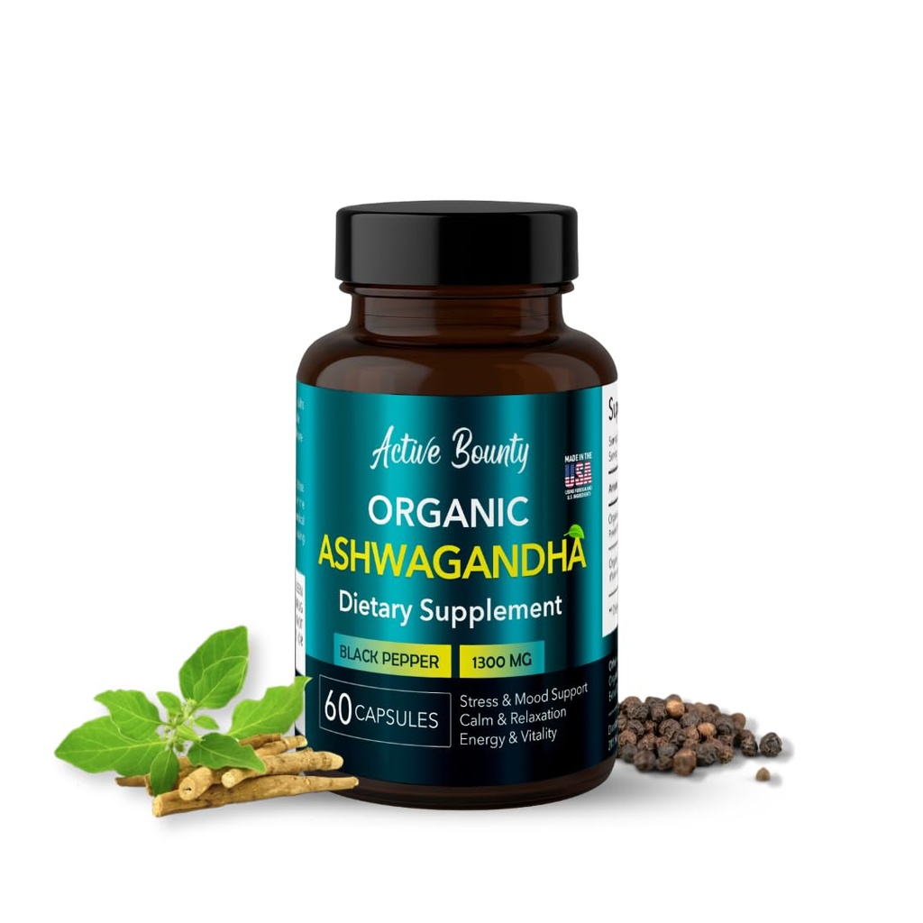 Organic Ashwagandha 1300mg with Black Pepper for Enhanced Absorption | Stress & Mood Support, Calm & Relaxation, Energy & Vitality | Vegan, Non-GMO | 60 Capsules | Made in USA