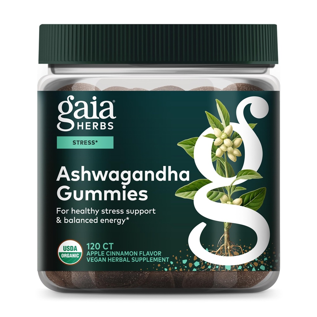 Gaia Herbs Organic Ashwagandha Gummies - Stress Support* - Made with Cinnamon & Ginger - Gluten Free & Vegan - 120 Count (40 Servings)