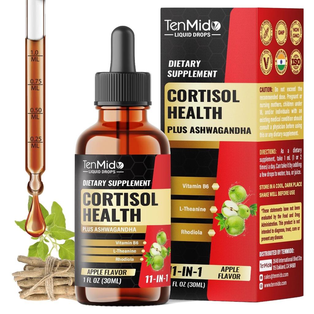 Cortisol Supplement Liquid Drops - 11in1 with Ashwagandha, L-Theanine, Phosphatidylserine, Rhodiola, Bacopa, Magnolia, Lemon Balm, Ginkgo Biloba, and More - 30ml 1Fl Oz